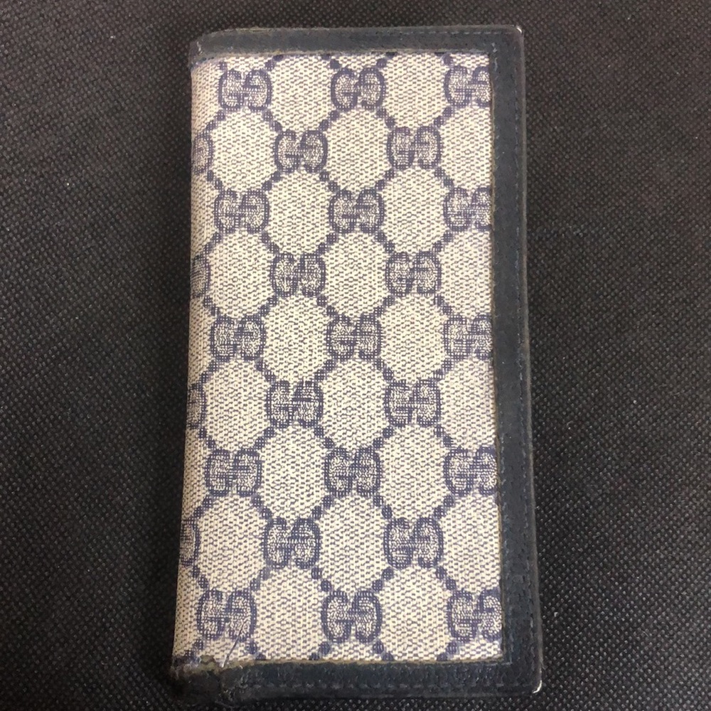 Gucci GG Web Navy Blue Grey Coated Canvas Leather Long Bifold Wallet Vintage